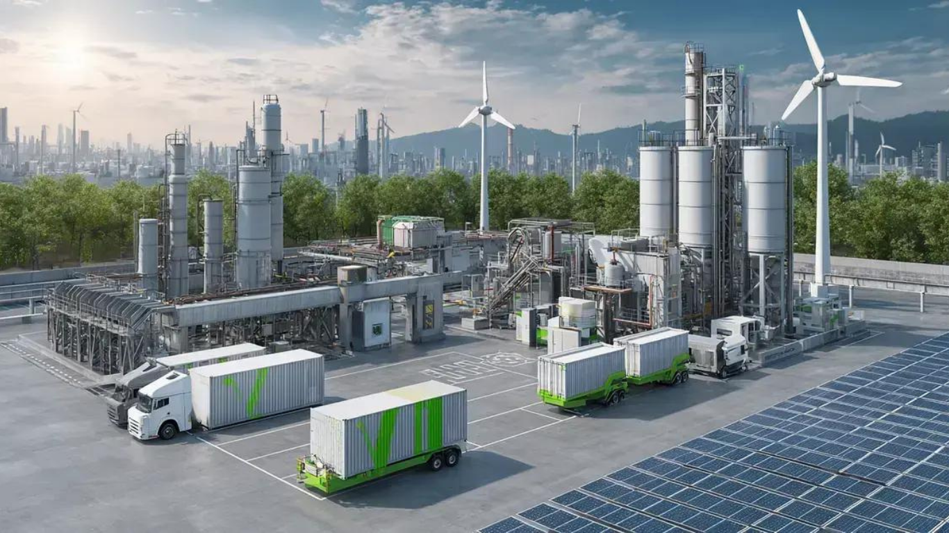 Parque industrial com turbinas eólicas, painéis solares e infraestrutura sustentável